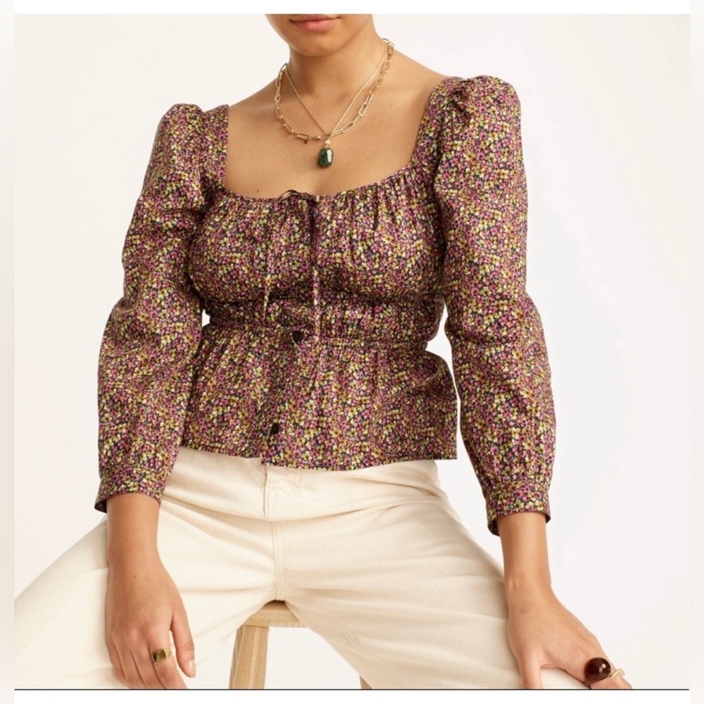 J. Crew Liberty Busy Izzy print Cinched-waist Smocked Square-Neck Blouse Size 14